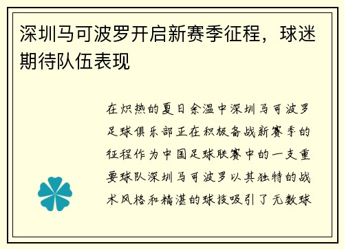 深圳马可波罗开启新赛季征程，球迷期待队伍表现