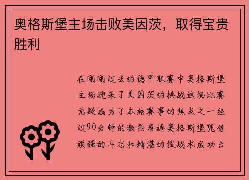 奥格斯堡主场击败美因茨，取得宝贵胜利