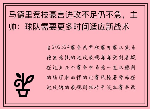 马德里竞技豪言进攻不足仍不急，主帅：球队需要更多时间适应新战术