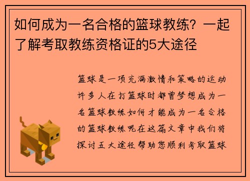 如何成为一名合格的篮球教练？一起了解考取教练资格证的5大途径