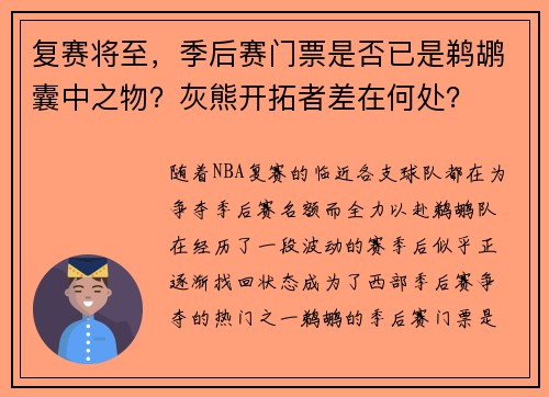 复赛将至，季后赛门票是否已是鹈鹕囊中之物？灰熊开拓者差在何处？