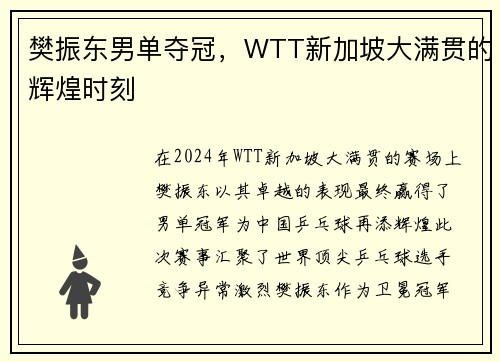 樊振东男单夺冠，WTT新加坡大满贯的辉煌时刻